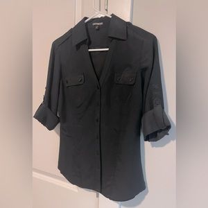 EXPRESS Womens Black V-Neck Fitted Roll Up Long Sleeve Button Down Shirt Size SP